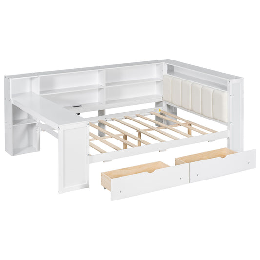 Platform Bed With Storage Shelves, Drawers, Charging Station, LED, Desk
