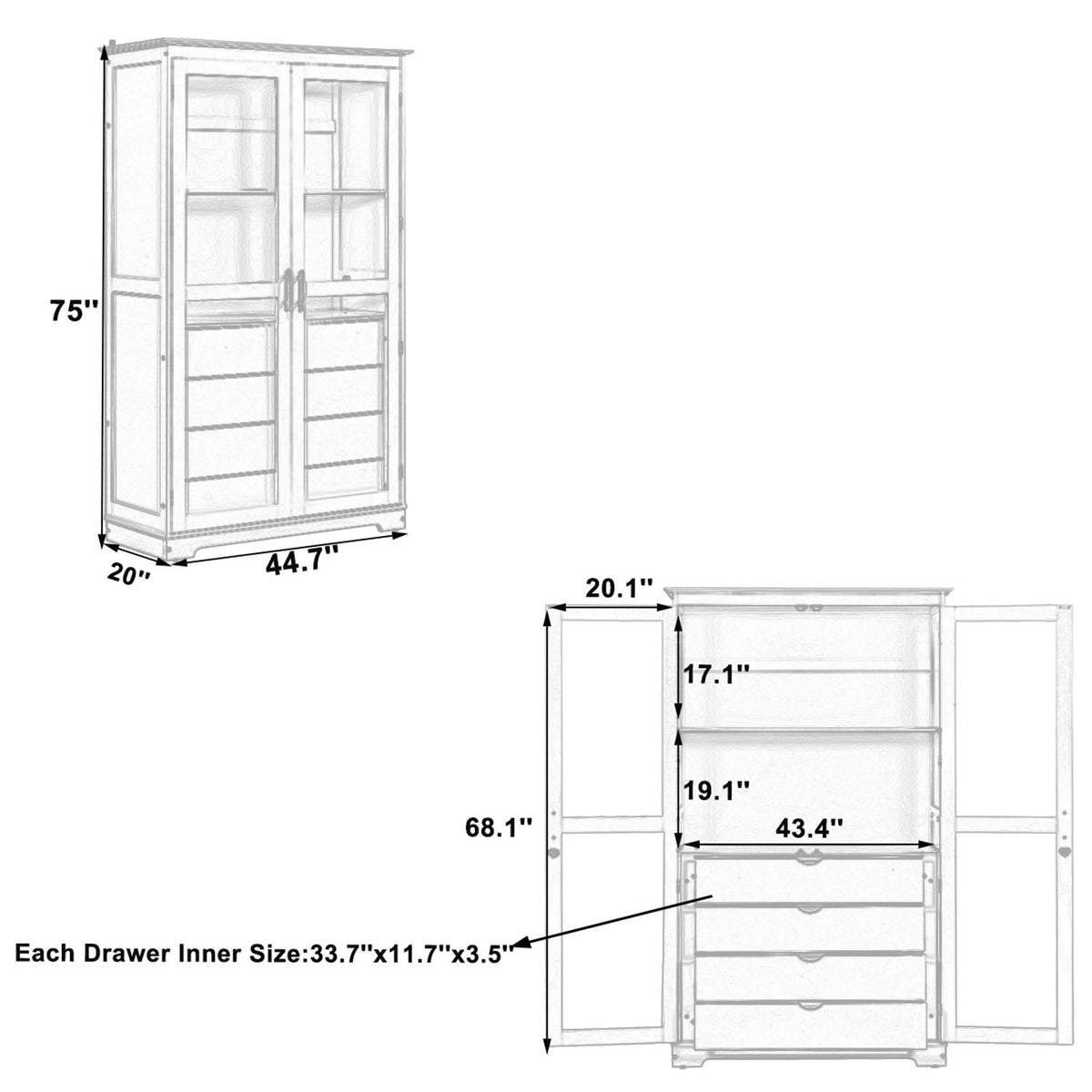 Kitchen Pantry, Freestanding Kitchen Storage Cabinet Display Cabinet With Glass Doors And 4 Built In Drawers For Living Room, Home Office - Blue