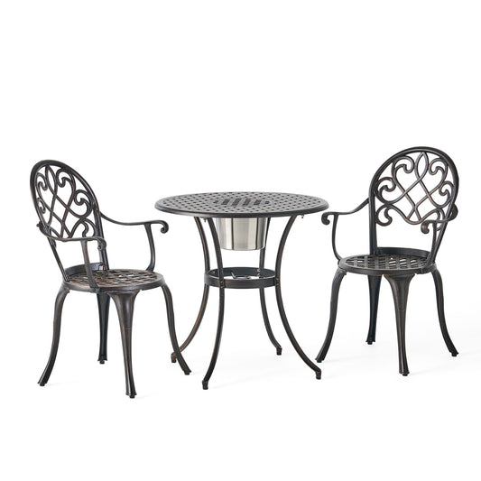 3 Piece Outdoor Aluminium Cast Bistro Set With Ice Bucket - Copper