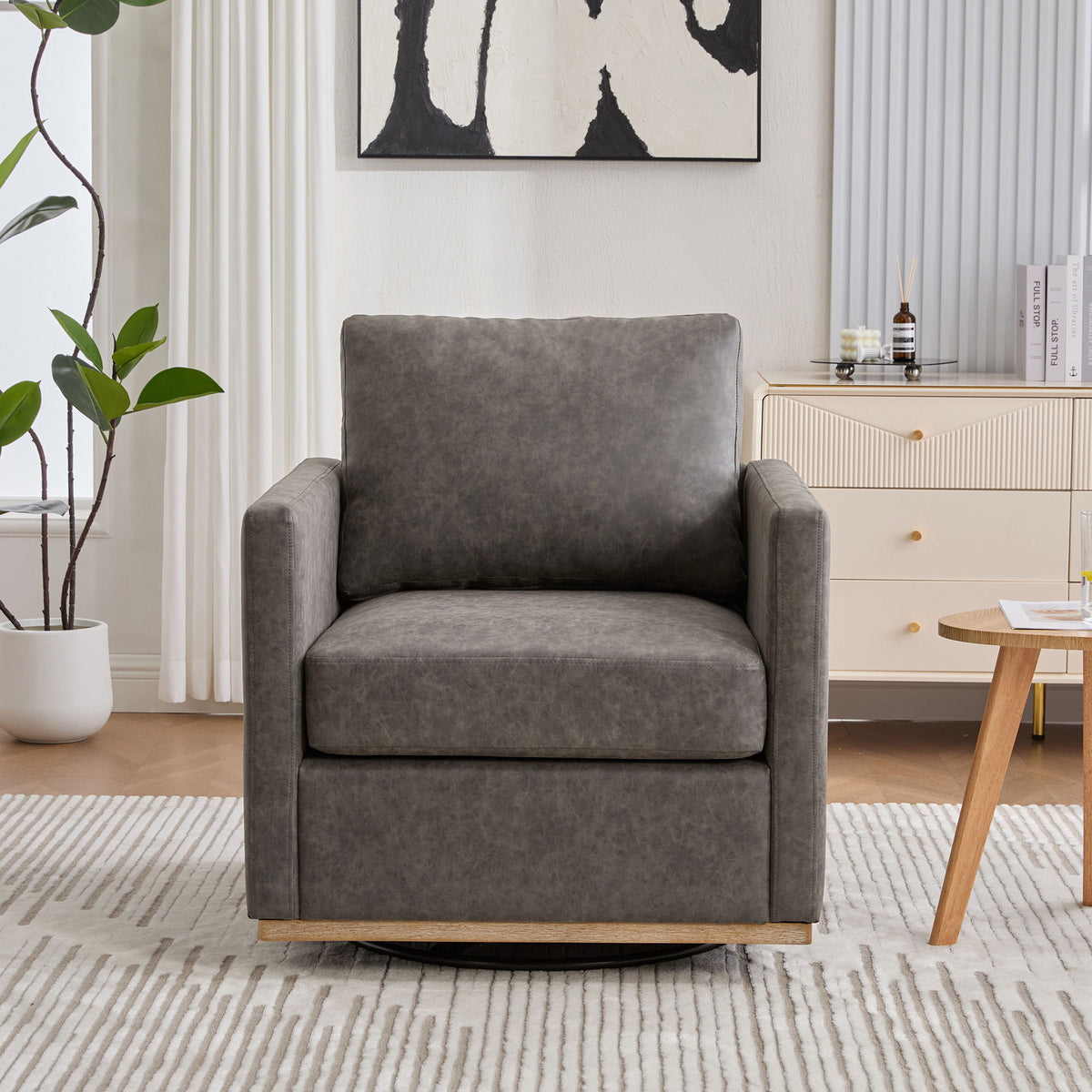 Modern Upholstered Square Swivel Accent Chair With 360 Degree Rotation