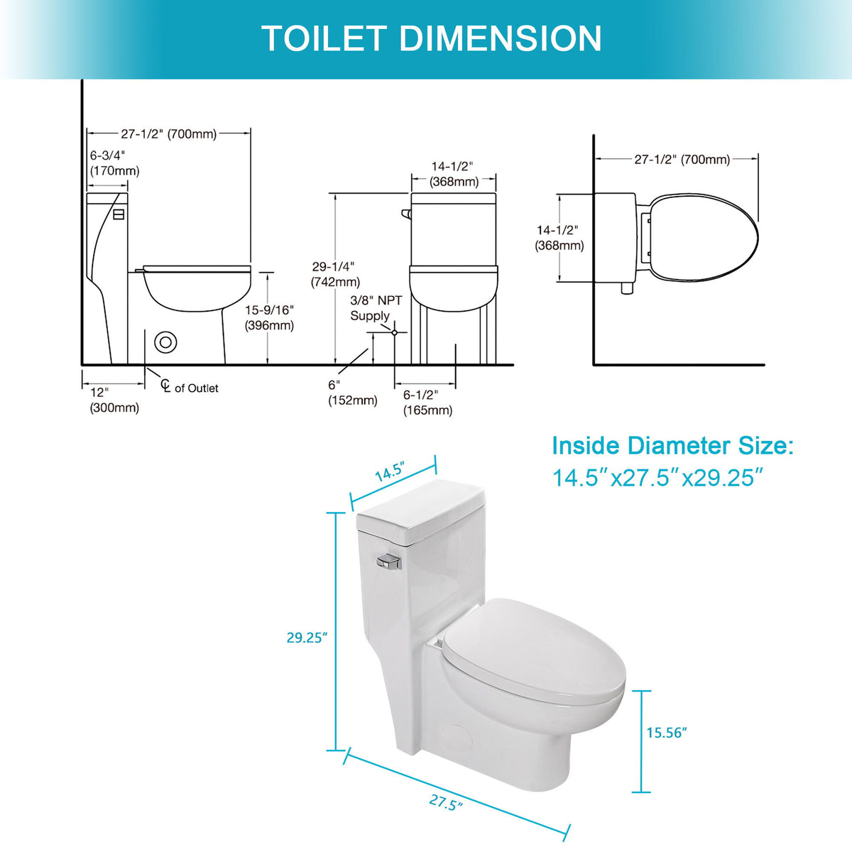 Modern Ceramic 1 Piece Toilet With Soft Closing Seat - White