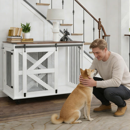 Mobile Dog Crate With Flip Top Feeding Door, Dual Access & 5 Caster System (2 Locking) - Brown White