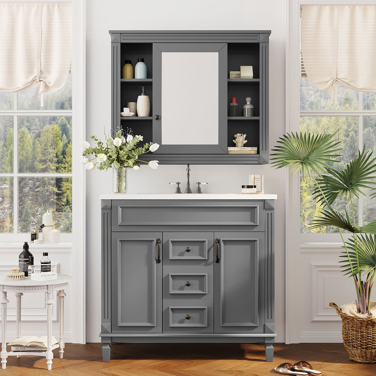 Bathroom Vanity With Top Sink, Mirror Cabinet, 2 Soft Closing Doors & 2 Drawers