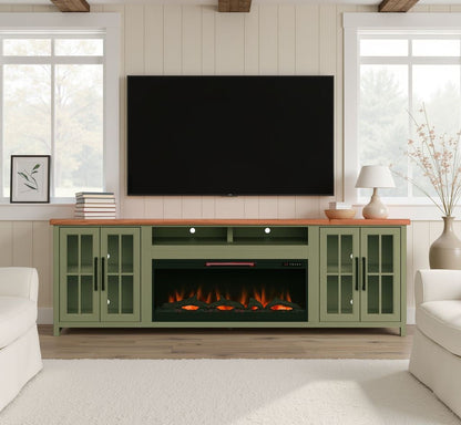 97" Fireplace TV Stand Console For TVs Up To 100" - Sage Green And Fruitwood Finish