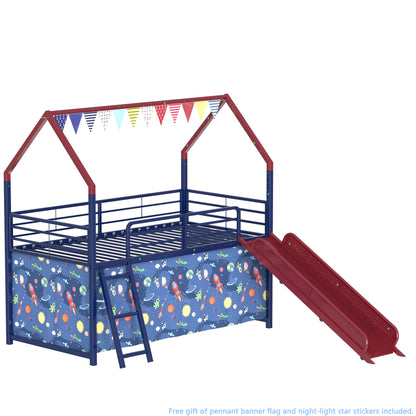 Jack - House Loft Bed With Slide And Curtain Set