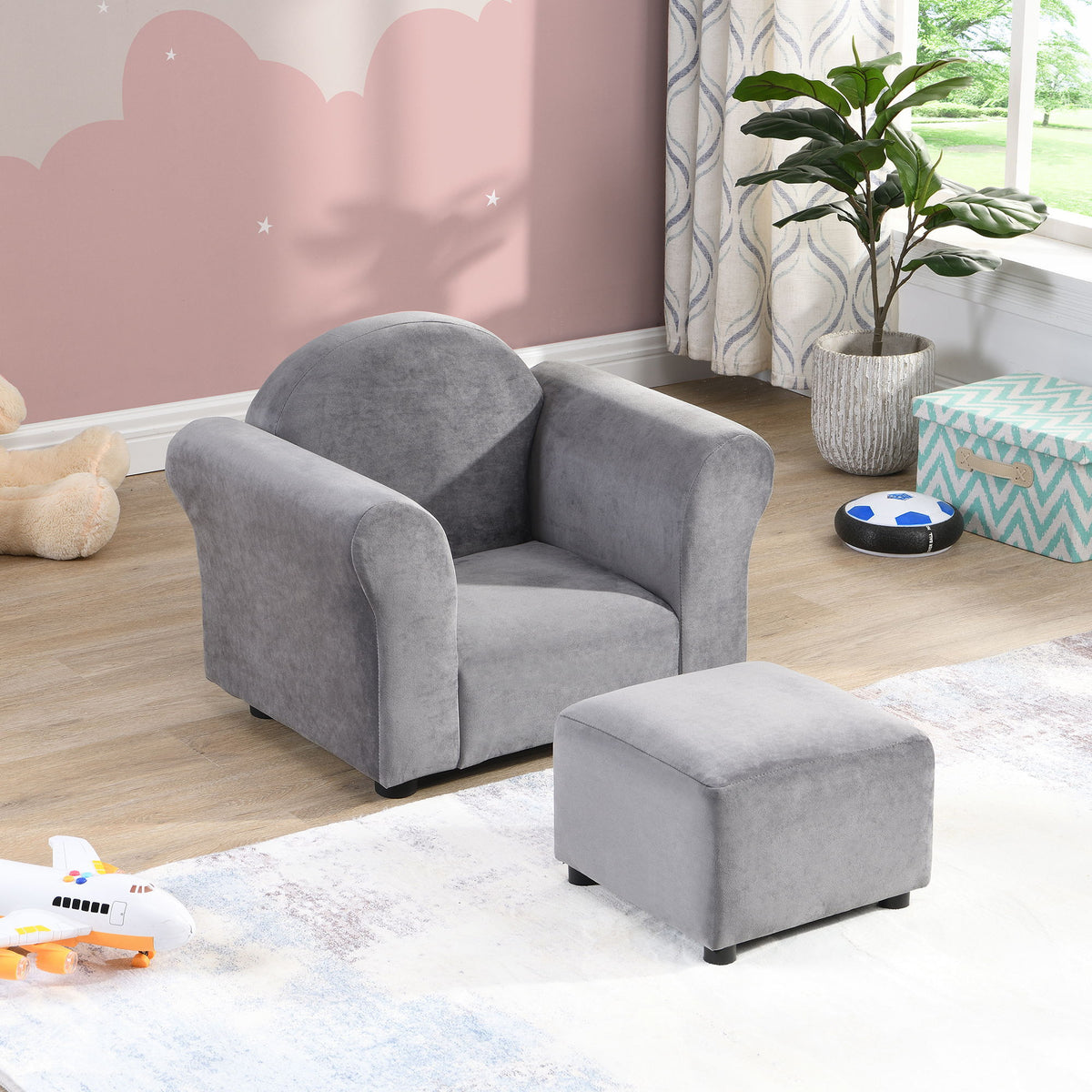Kids Velvet Upholstered Chair With Ottoman For Comfortable Seating - Gray