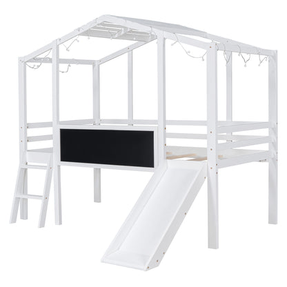 Loft House Bed With Ladder And Slide, With board And Light Strip On The Roof