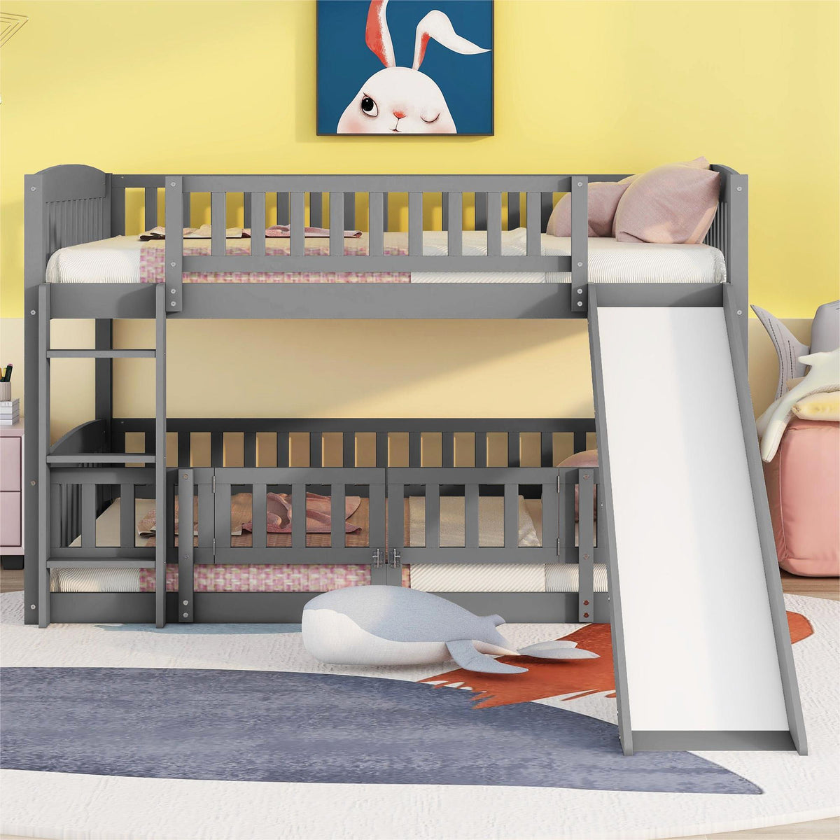 Low Bunk Bed With Slide, Fence And Ladder