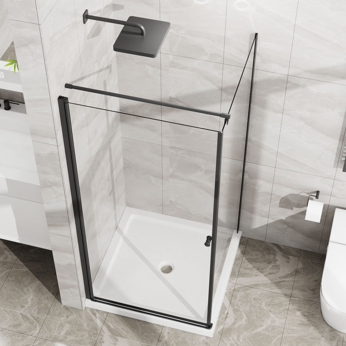Corner Shower Enclosure, Frameless Pivot Door - Matte Black