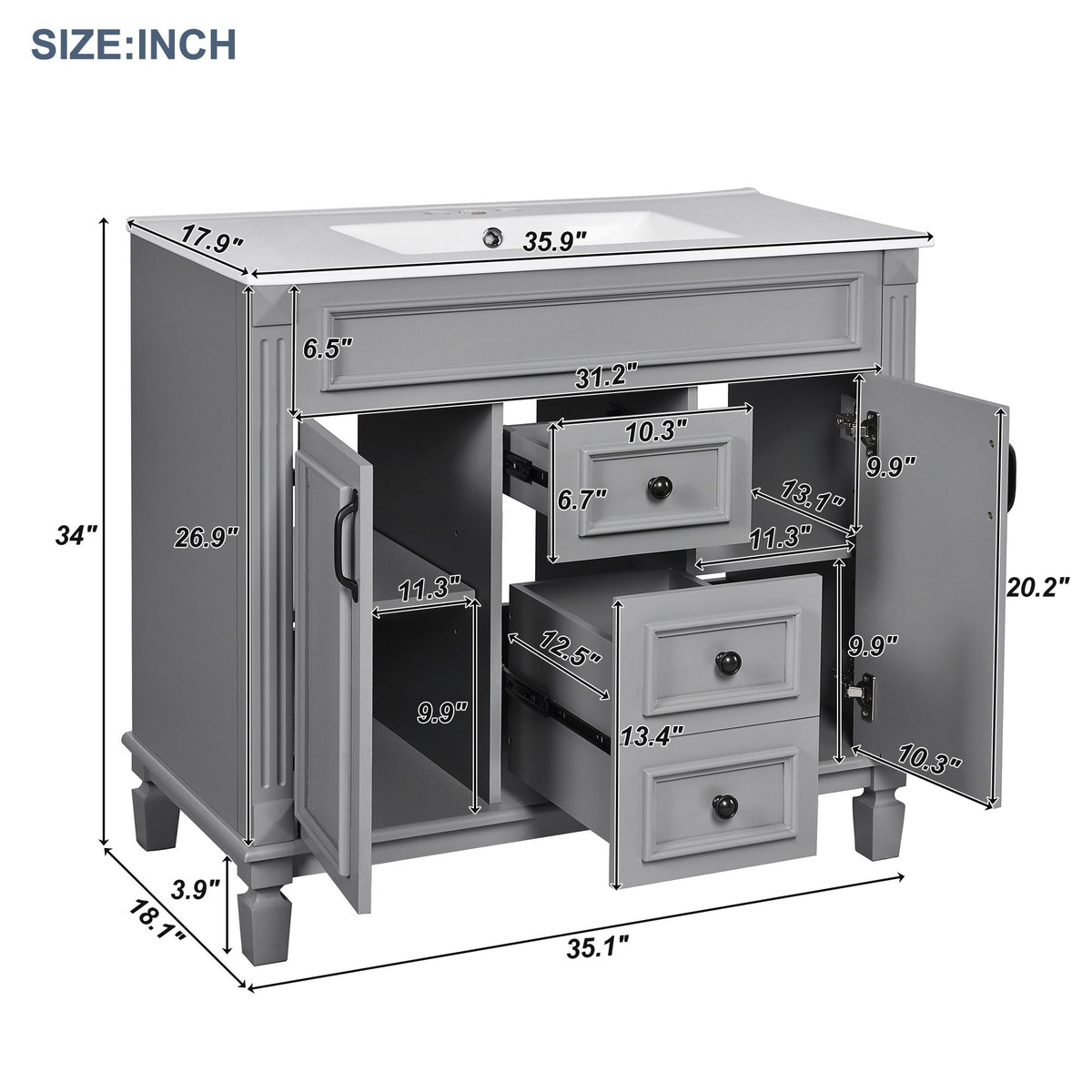 Bathroom Vanity With Top Sink, Mirror Cabinet, 2 Soft Closing Doors & 2 Drawers