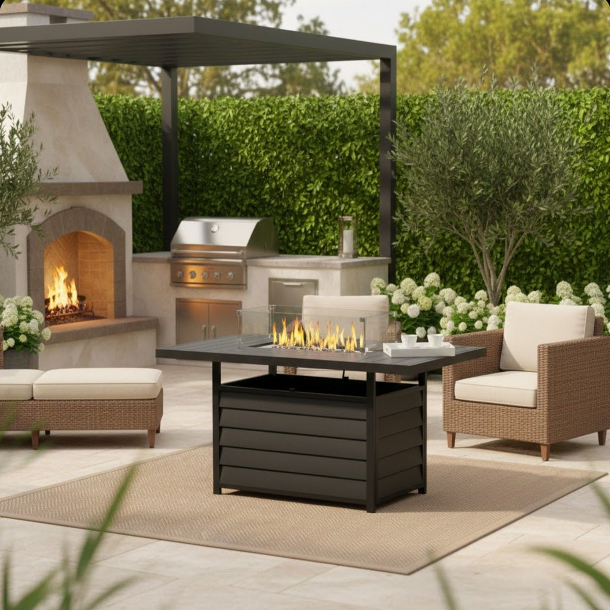 Rectangular Propane Fire Pit Table With Burner, Lava Rock, Waterproof Cover