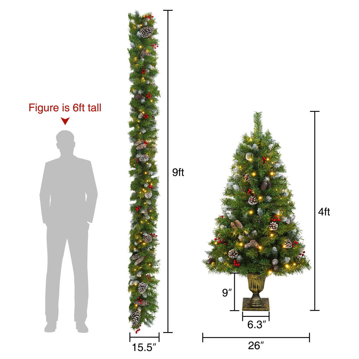 Pre Lit Artificial Christmas Tree Set With LED Lights, 3 Piece Garland And Entrance Trees, Warm Lighting, Indoor Use Only - Green