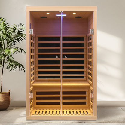 Low EMF, Wide Space Hemlock Double Doors Great Glass Luxury Indoor Far Infrared Sauna Room