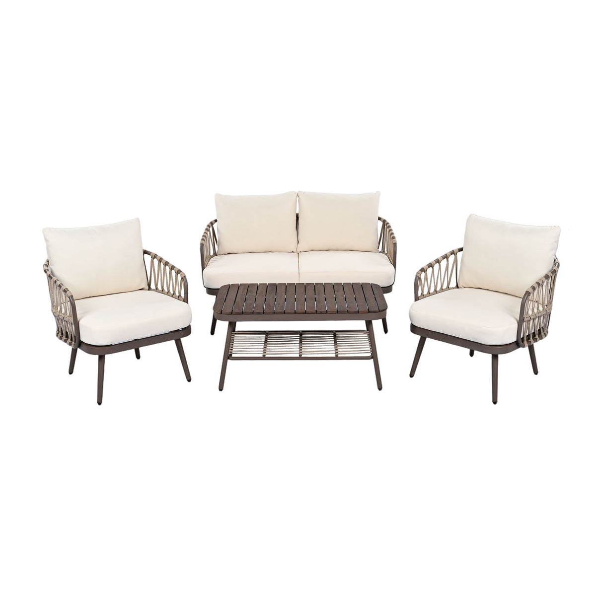 4 Piece Outdoor Patio Furniture Set, Metal Chairs With Woven Rope U Shaped Backrest