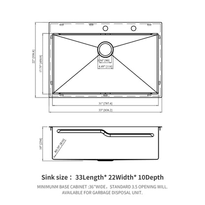 33" Drop In Kitchen Sink With Ledge Workstation, Single Bowl, 16 Gauge Stainless Steel - Brushed Nickel