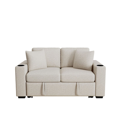 Modern 2 Seater Loveseat Sofa With Pull-Out Bed, Fabric, Built-In USB Ports & Cup Holders