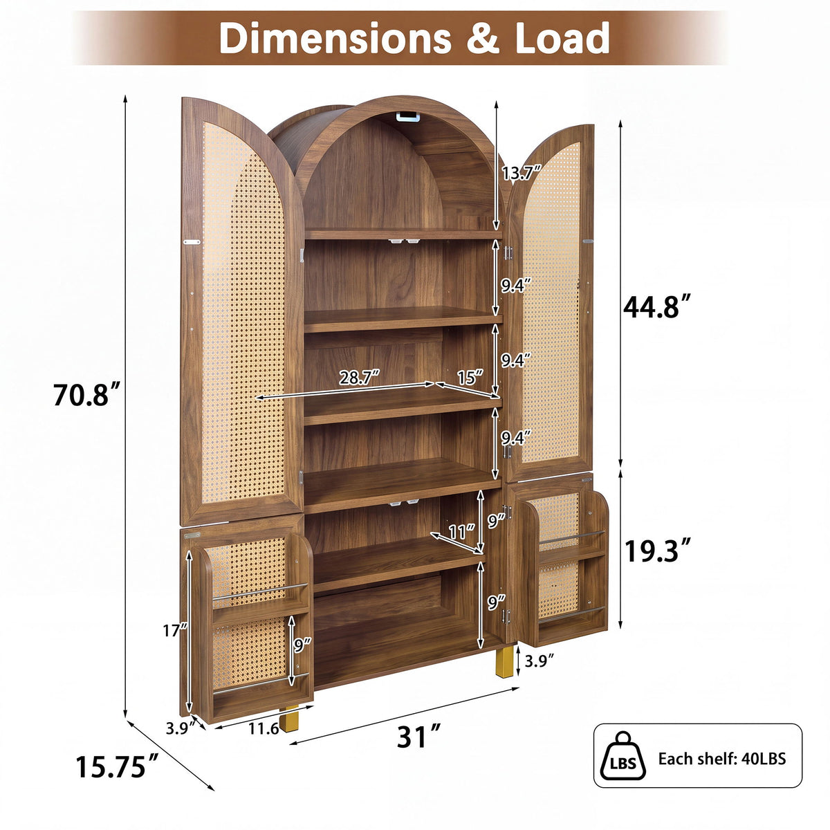 Tall Arched Cabinet With Rattan Doors & Adjustable Shelves