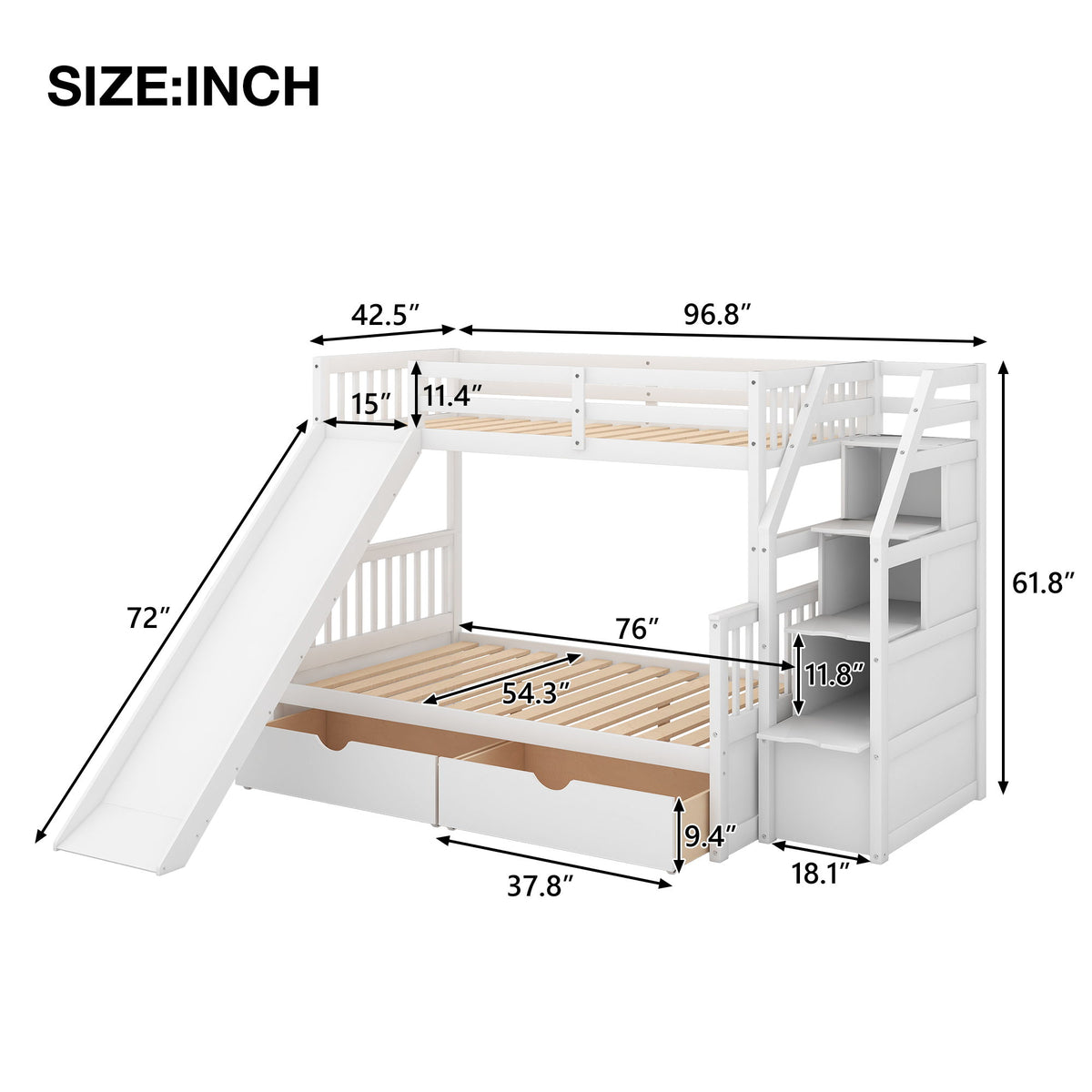 Bunk Bed With Storage Staircase, Slide, Desk, Drawers, And Shelves