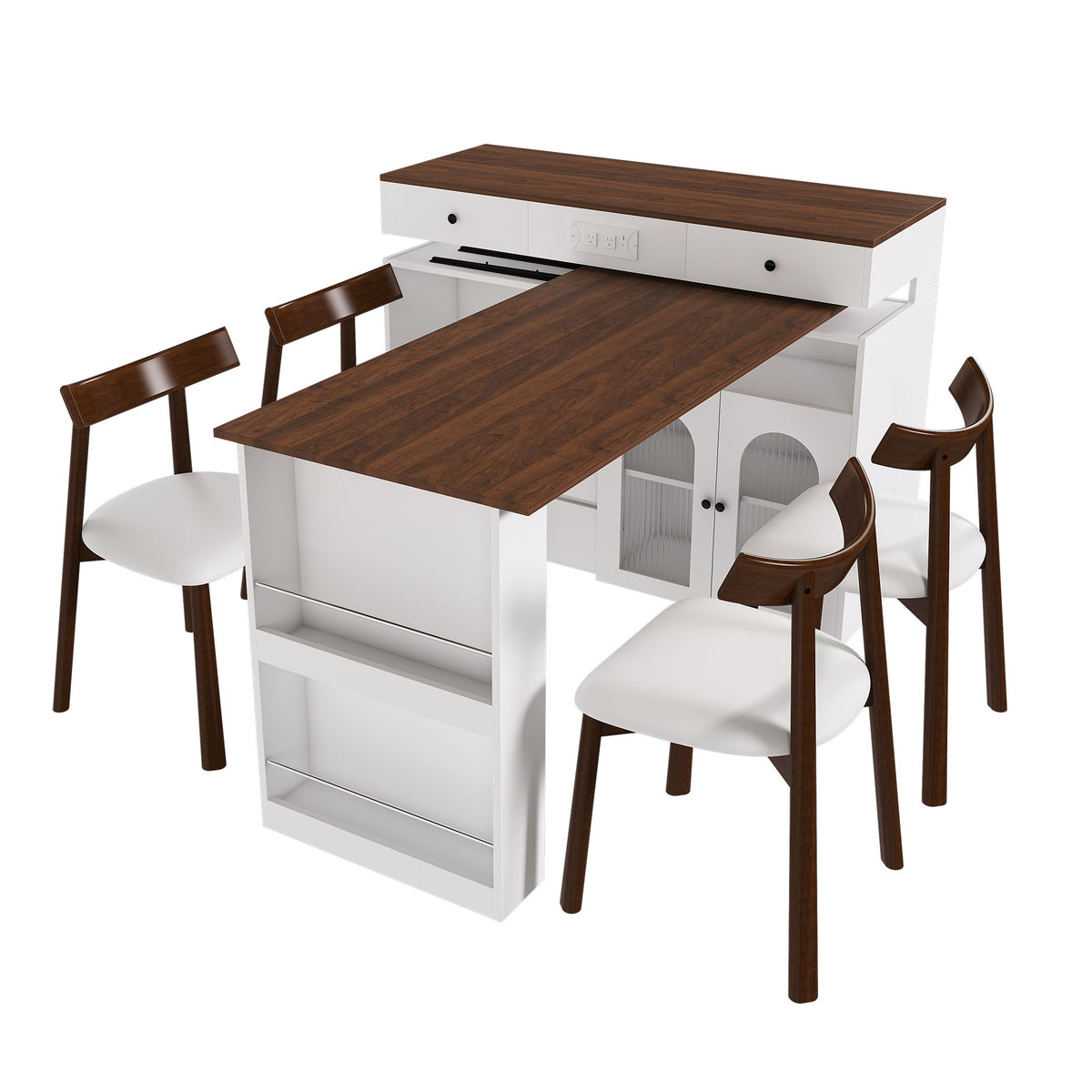 Kitchen Island Set With 4 Chairs, Extendable & Rotating Table, 4 Drawers & Glass Door Cabinets - Walnut