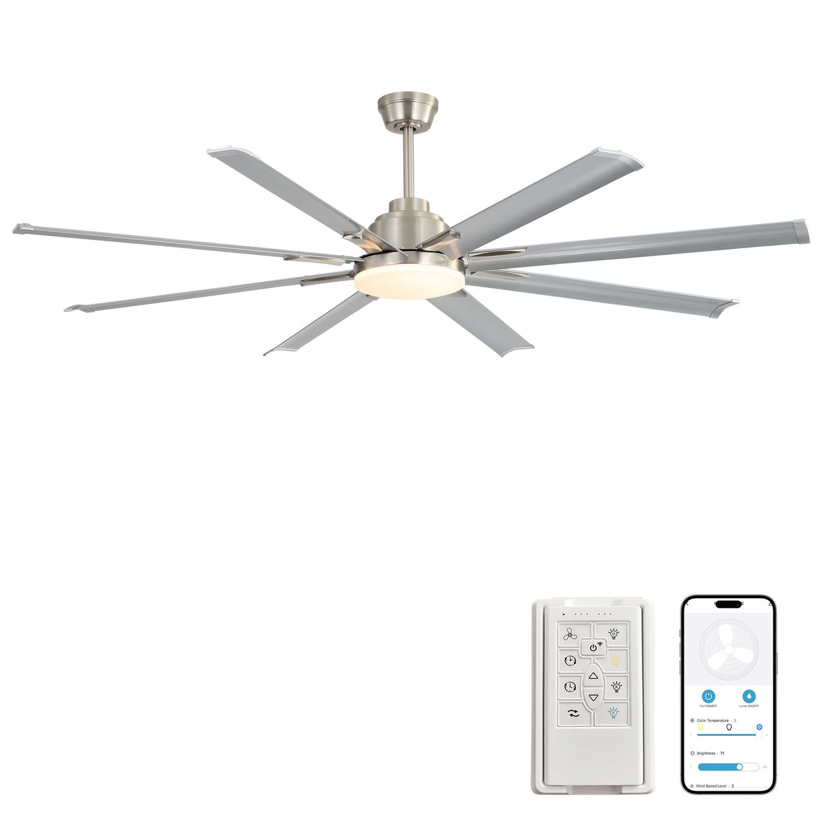 DC Motor Ceiling Fan With Dimmable Light And 8 Blade Aluminum Blades - Nickel