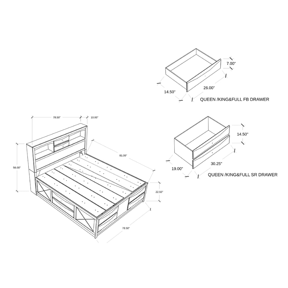 Lucille - 5 Piece Bedroom Set With Storage Drawers And Bookcase Headboard