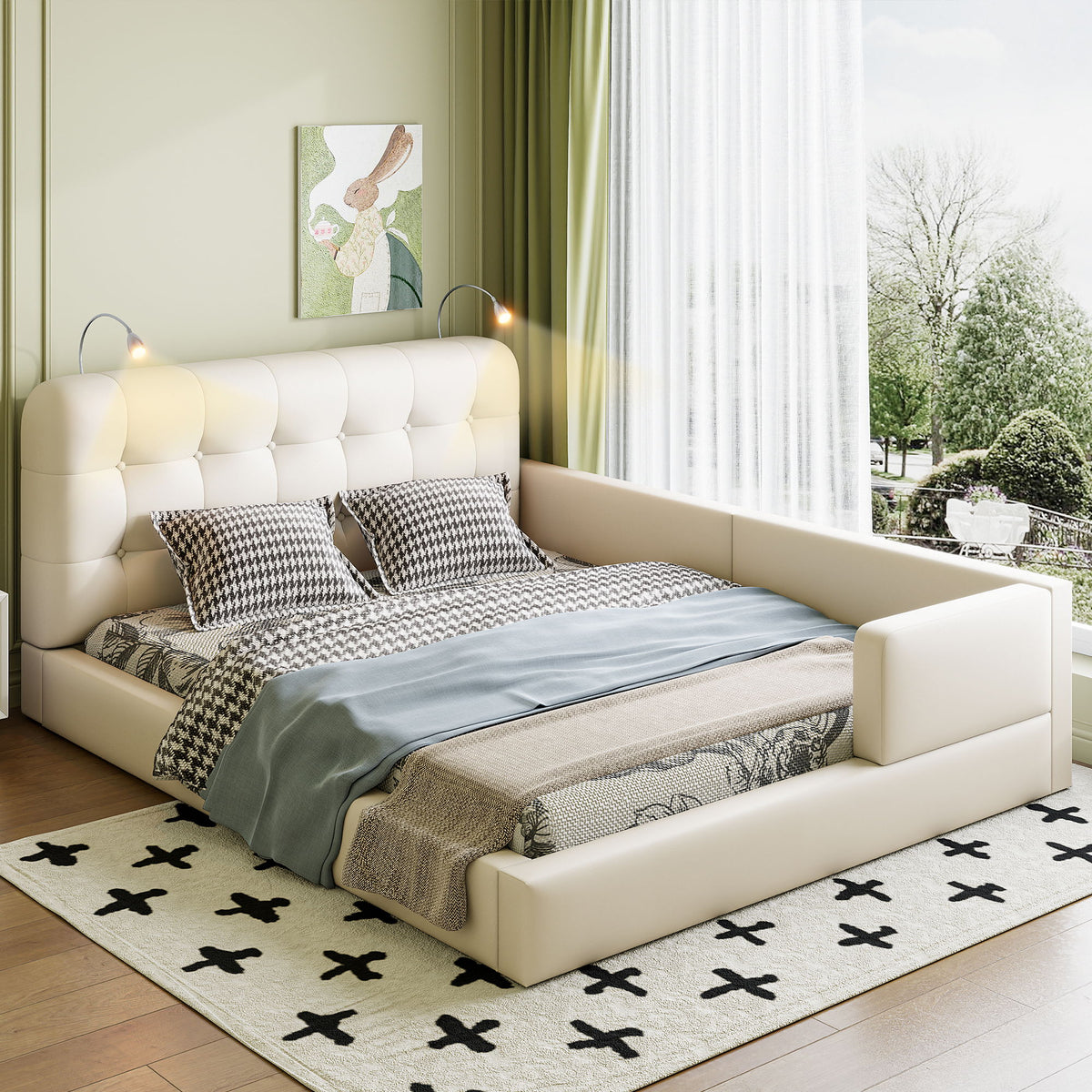 Queen Size Upholstered Platform Bed With 2 Reading Lights - White