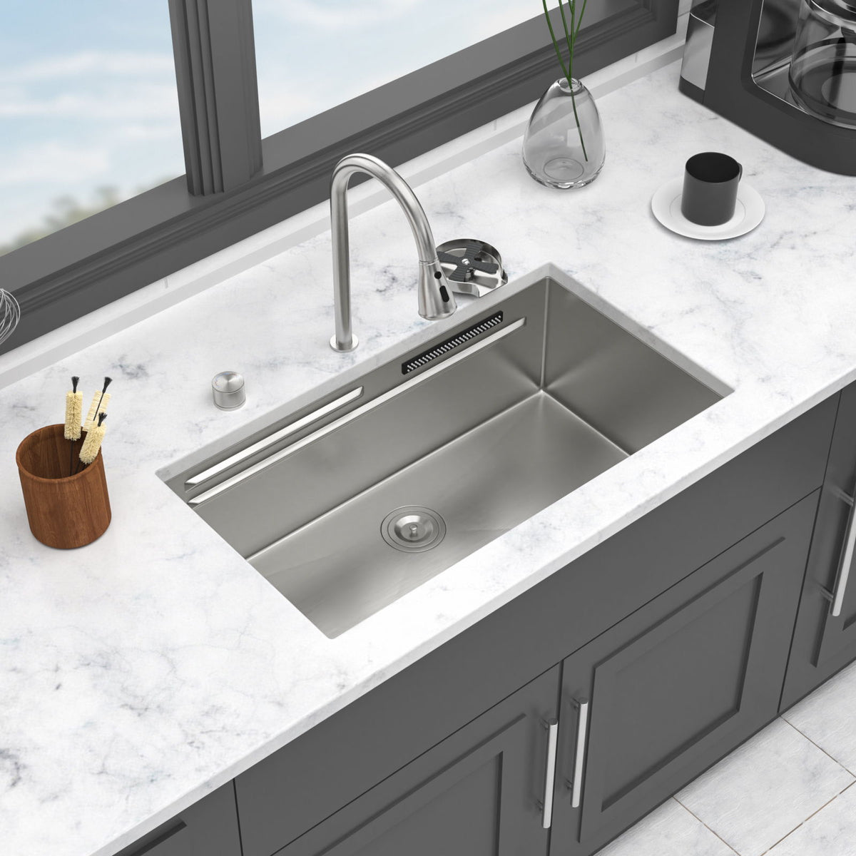 Undermount Stainless Steel Kitchen Sink With Pull Down Faucet & Ledge Workstation