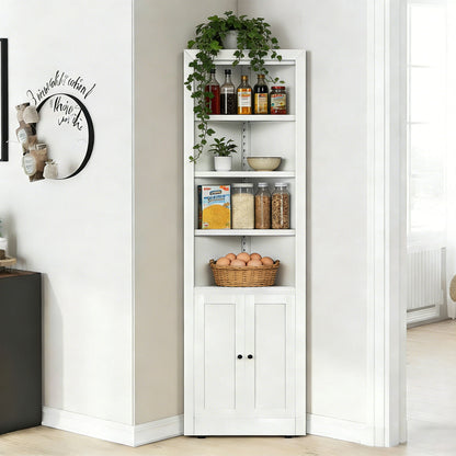 Tall Corner Storage Cabinet With 2 Doors, 5-Tier With Adjustable Shelve, Freestanding - White