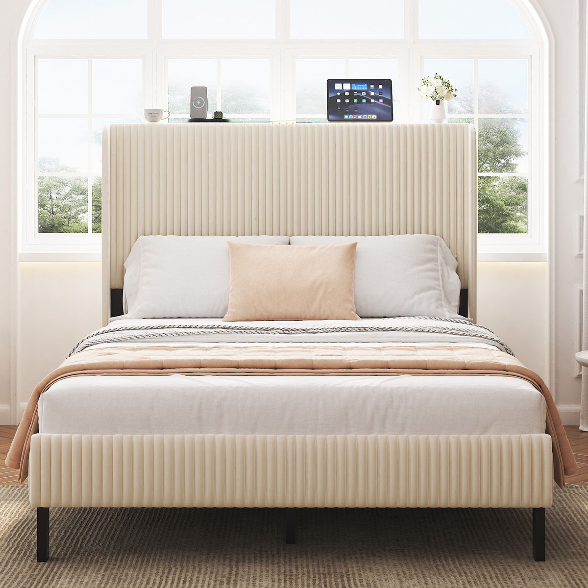 Platform Bed With Metal Frame And Charging Station