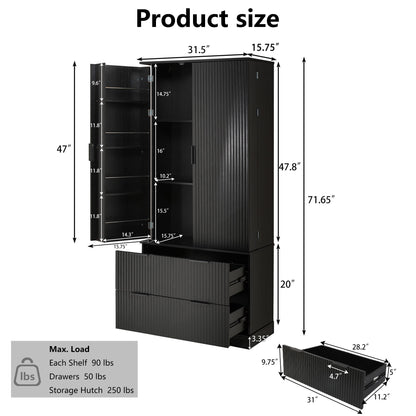 Fluted Kitchen Pantry Cabinet With 2 Large Drawers & 8 Door Spice Rack Freestanding Storage Organizer - Black