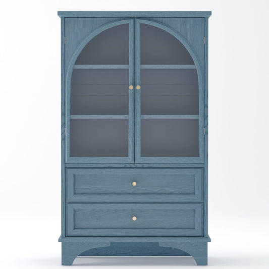 Glass Door Display Case With 2 Drawers And Adjustable Shelf