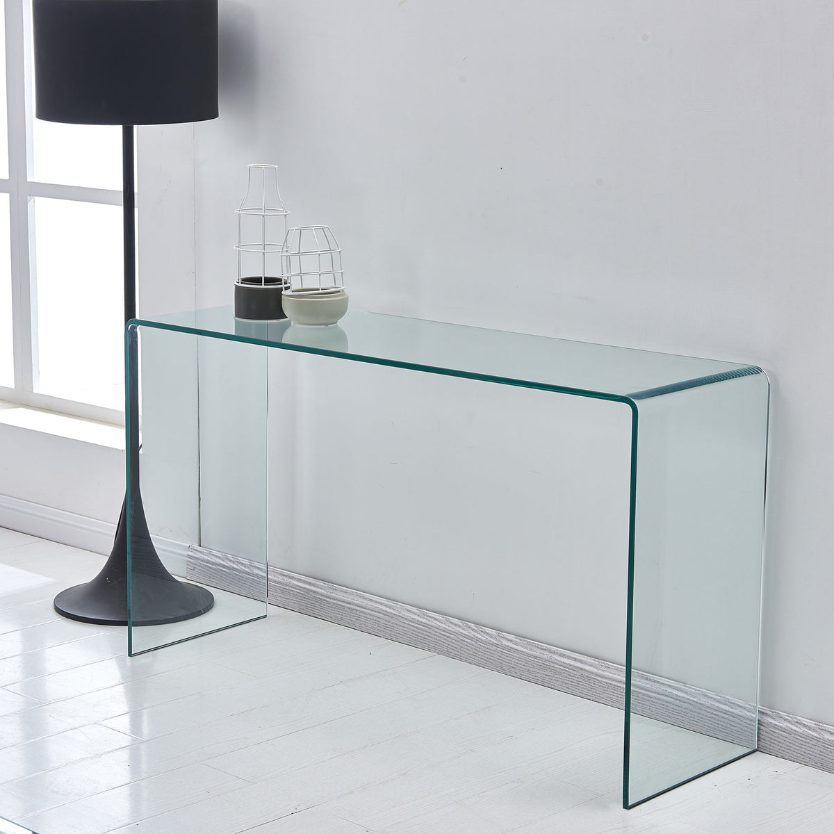 Elegant Transparent Tempered Glass Console Table With Rounded Edges, Modern Sofa Table - Clear