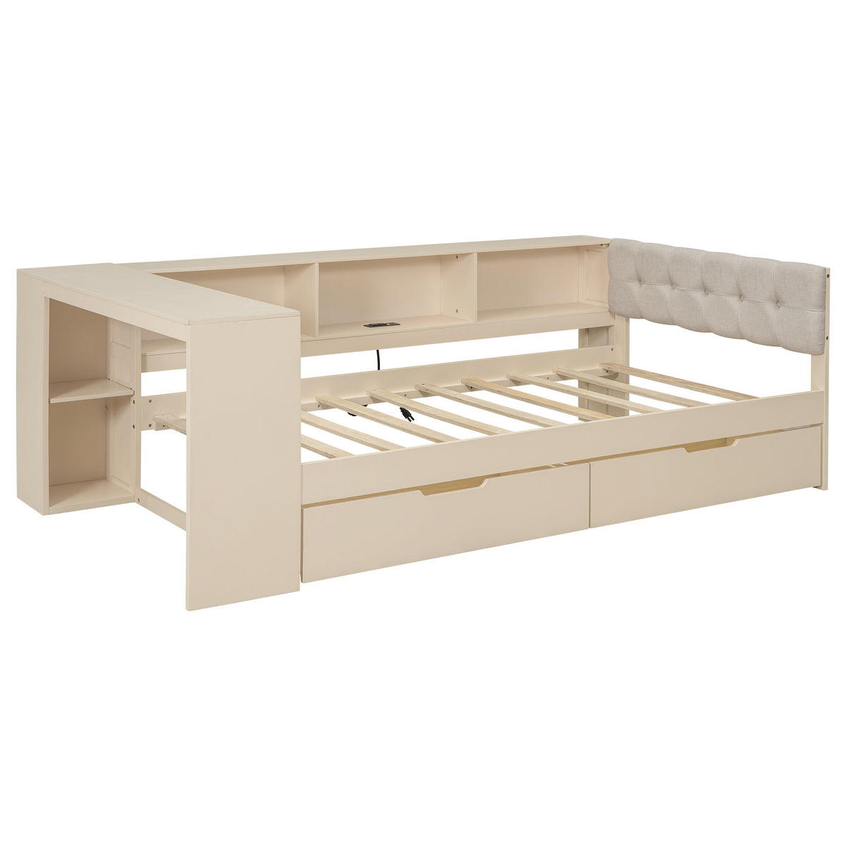 Upholstered Headboard Platform Bed With Storage Shelves, Drawers, Charging Station