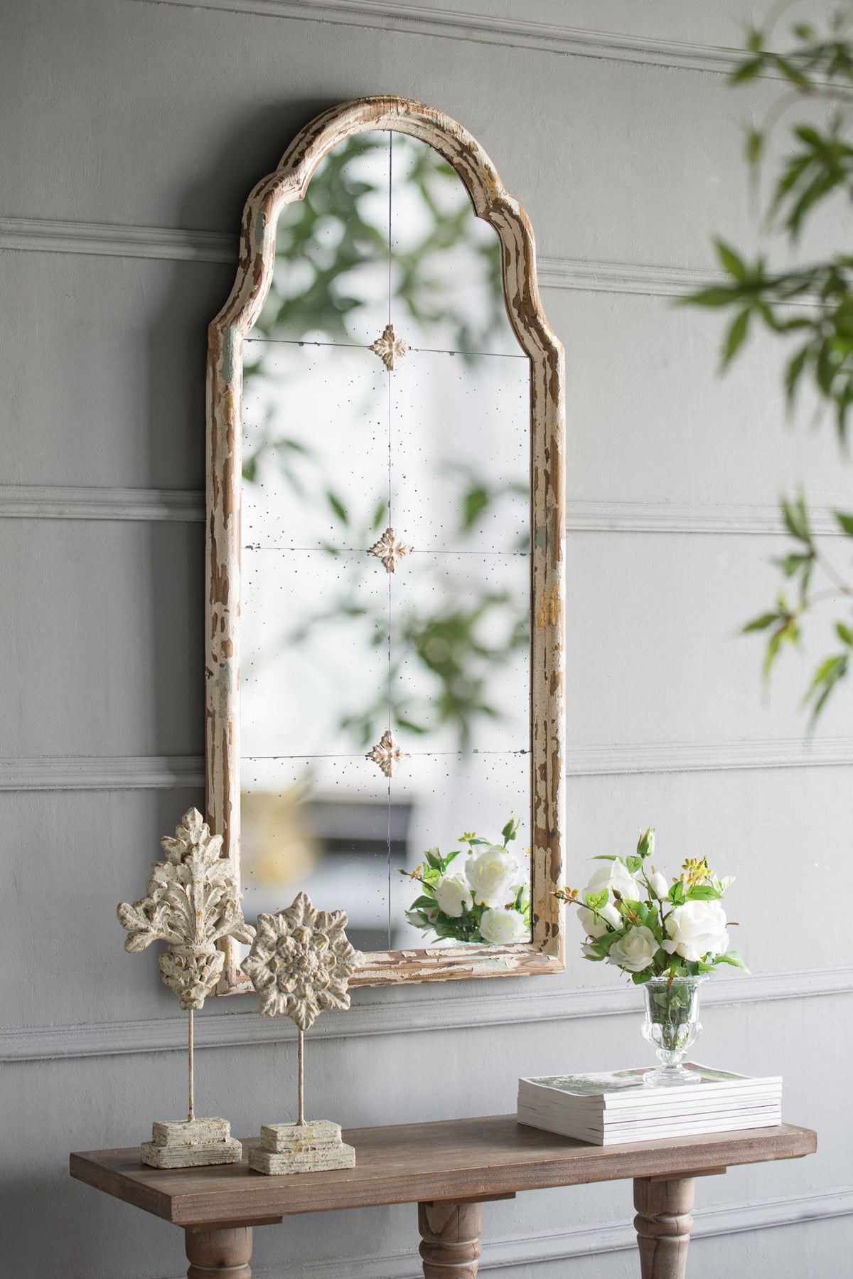 Large & Framed Wall Mirror, Arched Mirror With Decorative Window Look For Living Room - Cream
