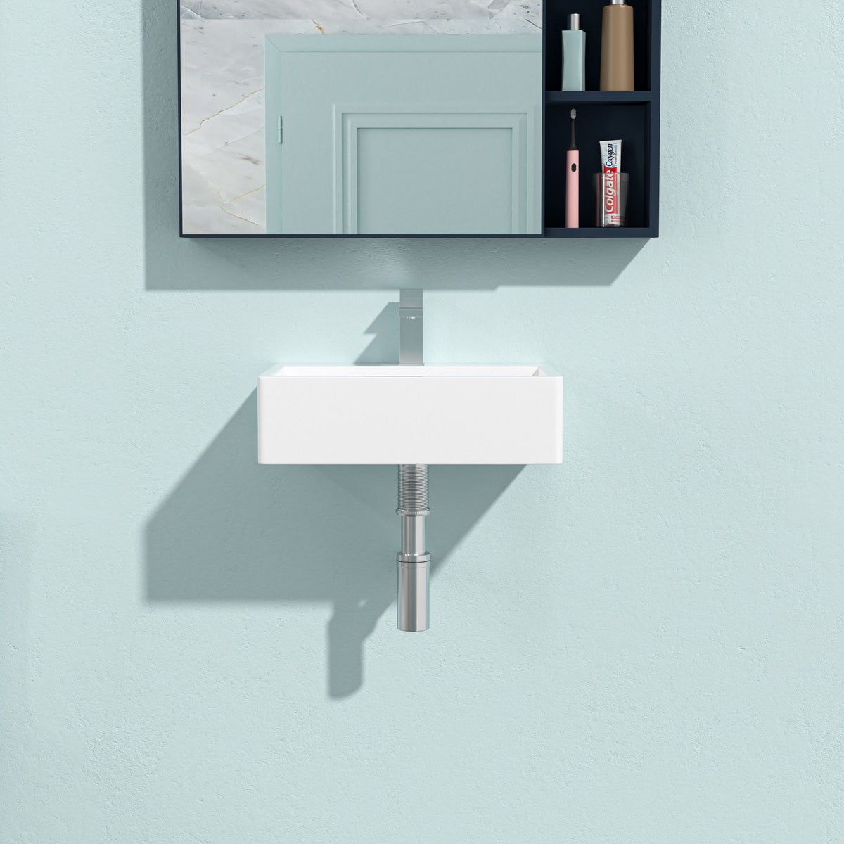 Modern Ceramic Rectangular Wall Mounted Bathroom Sink With Faucet Hole & Overflow