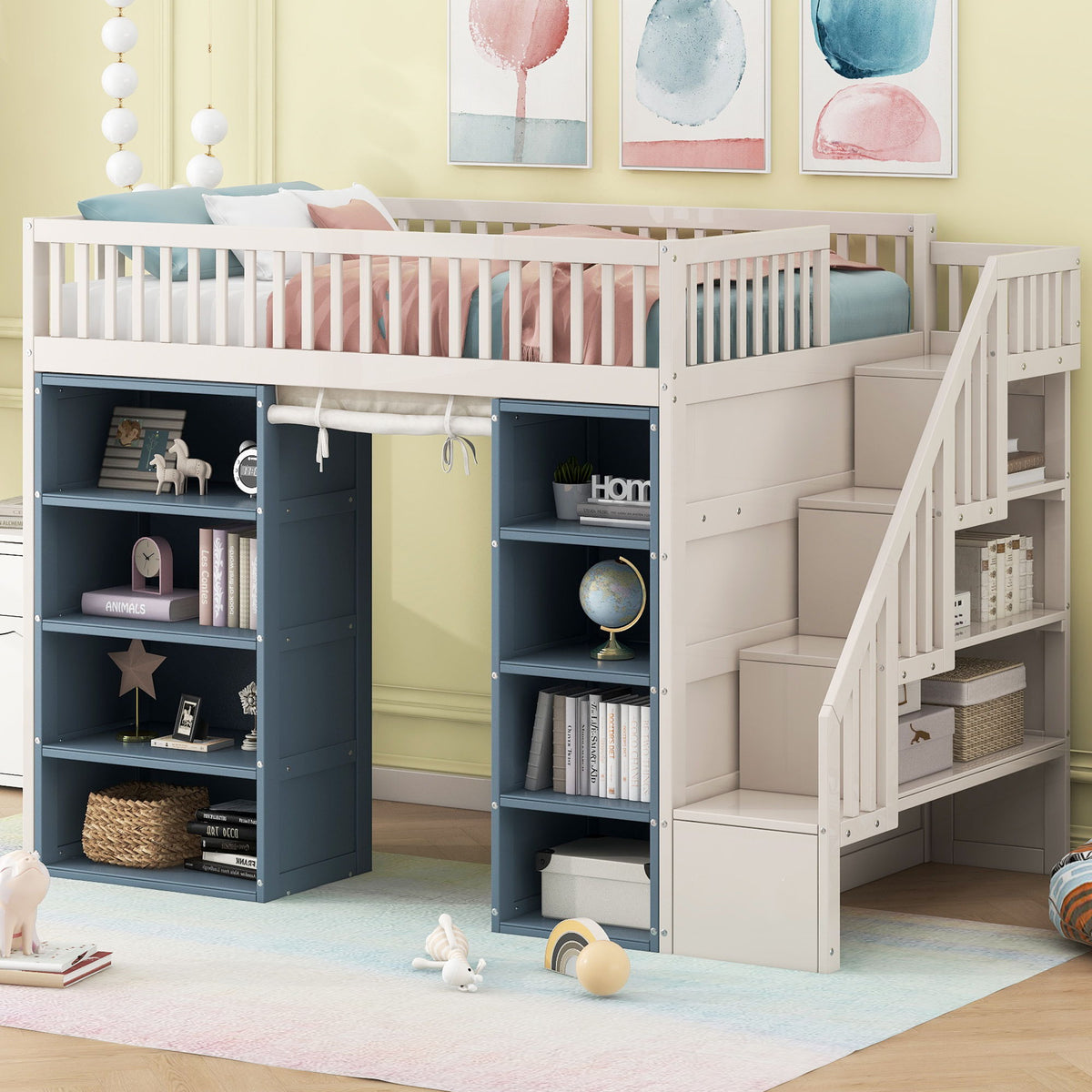 Full Size Loft Bed With 2 Four Layer Storage Cabinets And Curtain With Built In Staircase And Privacy Curtain - White