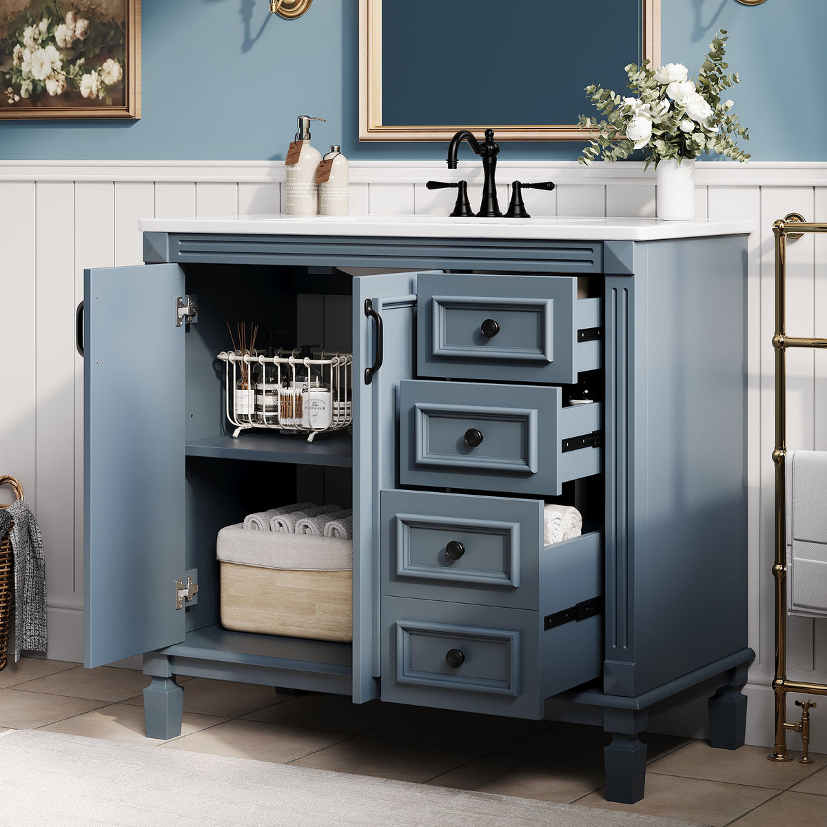 Bathroom Vanity With Sink And Storage, 2 Drawers, 1 Deep Drawer, Adjustable Shelf - Blue