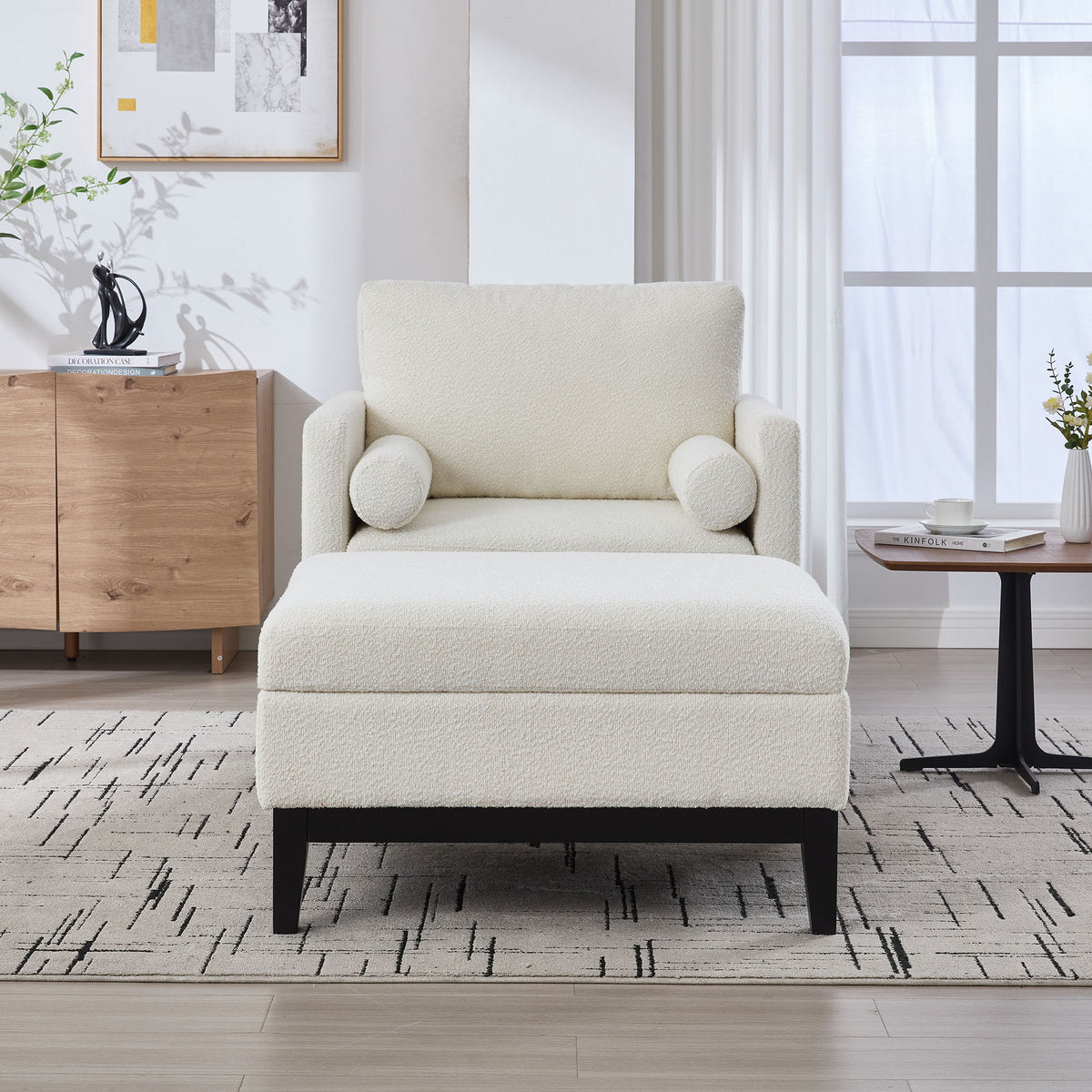Farmhouse Upholstered Accent Chair With Ottoman, Reversible Lid Coffee Table