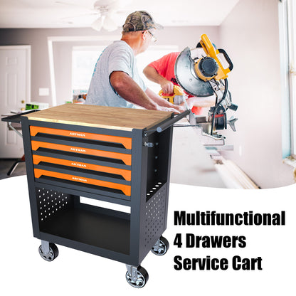 4 Drawers Multifunctional Tool Cart With Wheels And Wooden Top