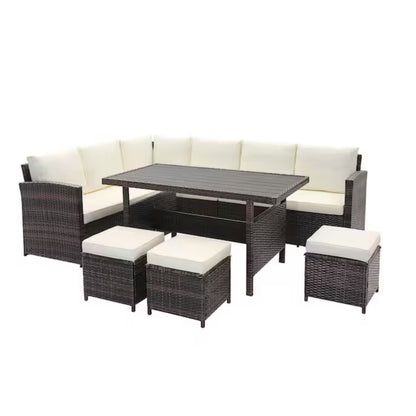 7 Piece Outdoor Dining Set With Cushions, Modular Sectional Sofa And Table