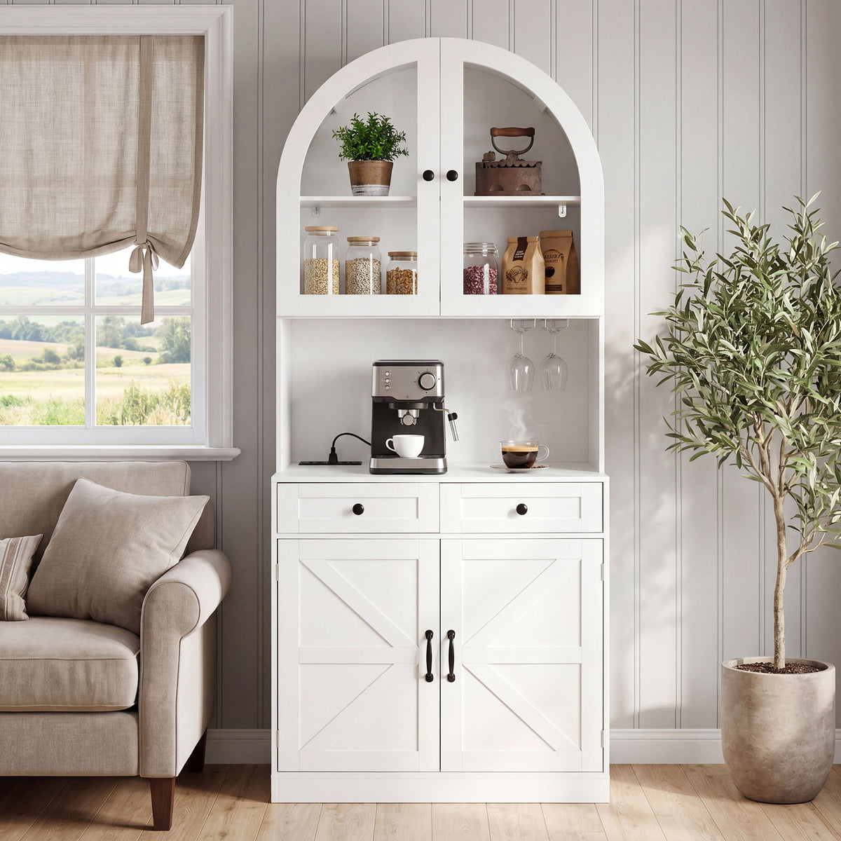 Tall Arched Pantry Cabinet With Charging Station, Adjustable Shelves, Coffee Bar With Open Countertop For Kitchen - White