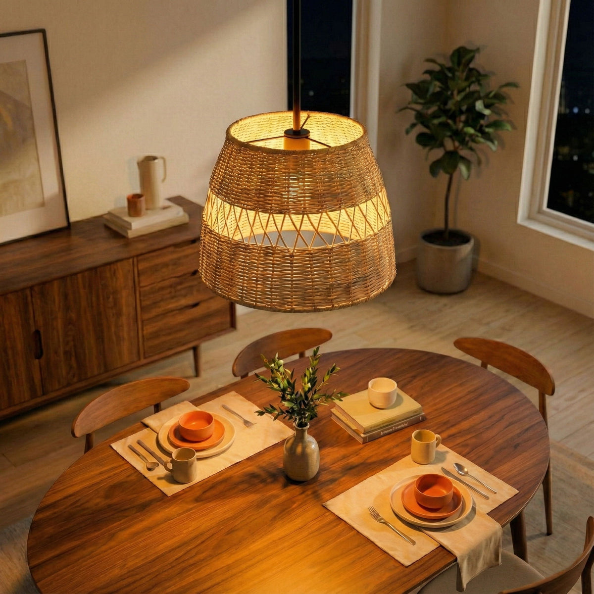 Essence - Single Lights Pendant With Shade - Black / Rattan