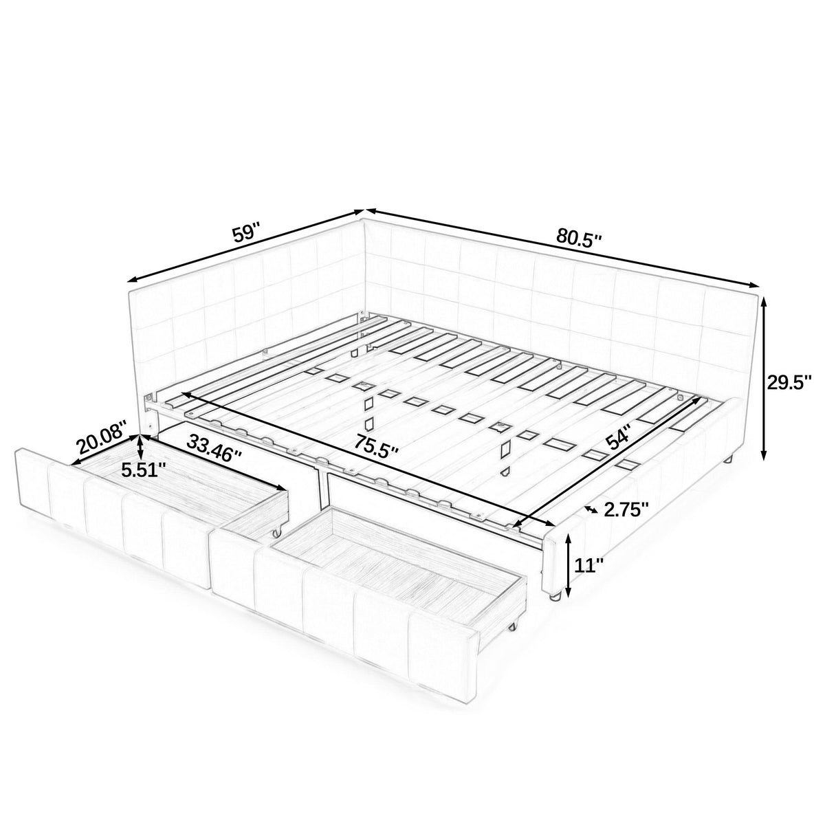 Mid-Century Storage Upholstered Tufted Bed Frame With Backrest And Armrests