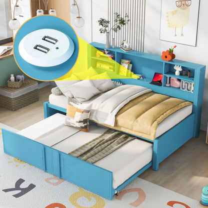 Twin Daybed With Trundle, Storage Shelves, USB Ports Frame - Blue