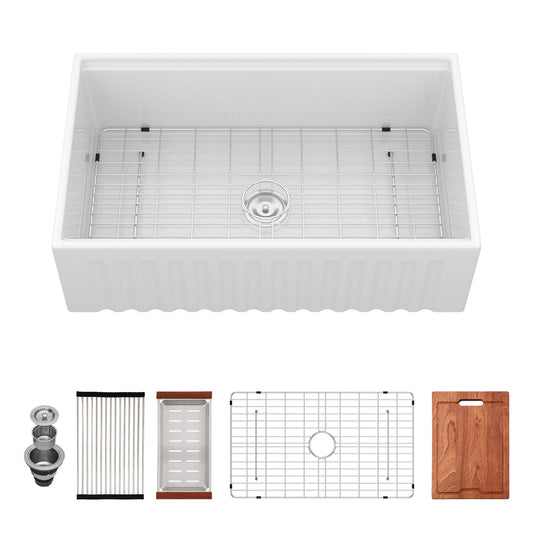 Porcelain Ceramic Farmhouse Sink Workstation With Reversible Apron Design - Single Bowl