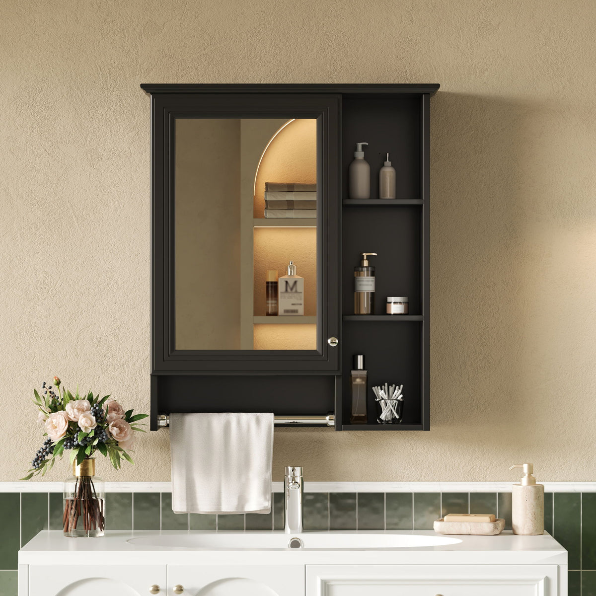 Modern 3 In 1 Bathroom Mirror Cabinet With Adjustable Shelf & Towel Bar