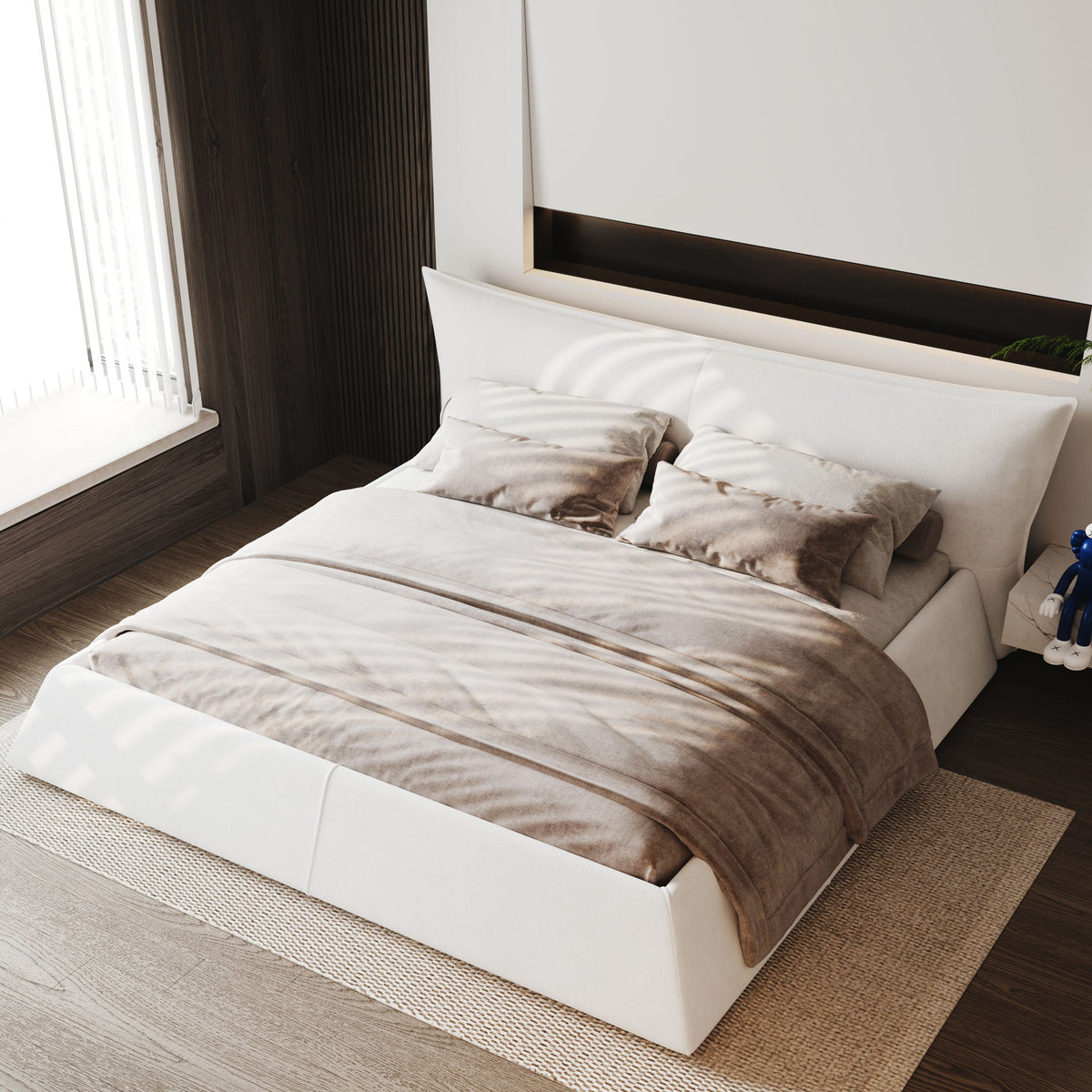 Upholstered Platform Bed With Special Shaped Headboard