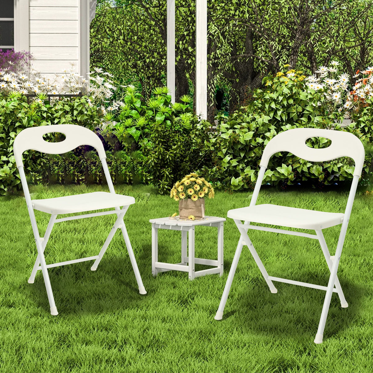 Folding Chairs, Stackable & Waterproof (Set of 4) - White