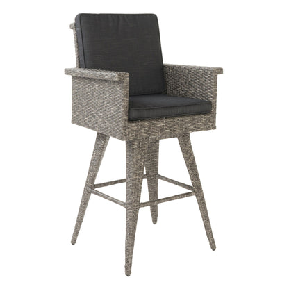 Outdoor Rattan Swivel Barstool With Water Resistant Cushion - Black / Gray