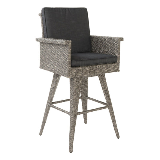 Outdoor Rattan Swivel Barstool With Water Resistant Cushion - Black / Gray